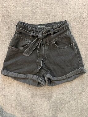 Zara Charcoal Tie-Waist Denim Shorts 100% ecologically grown cotton